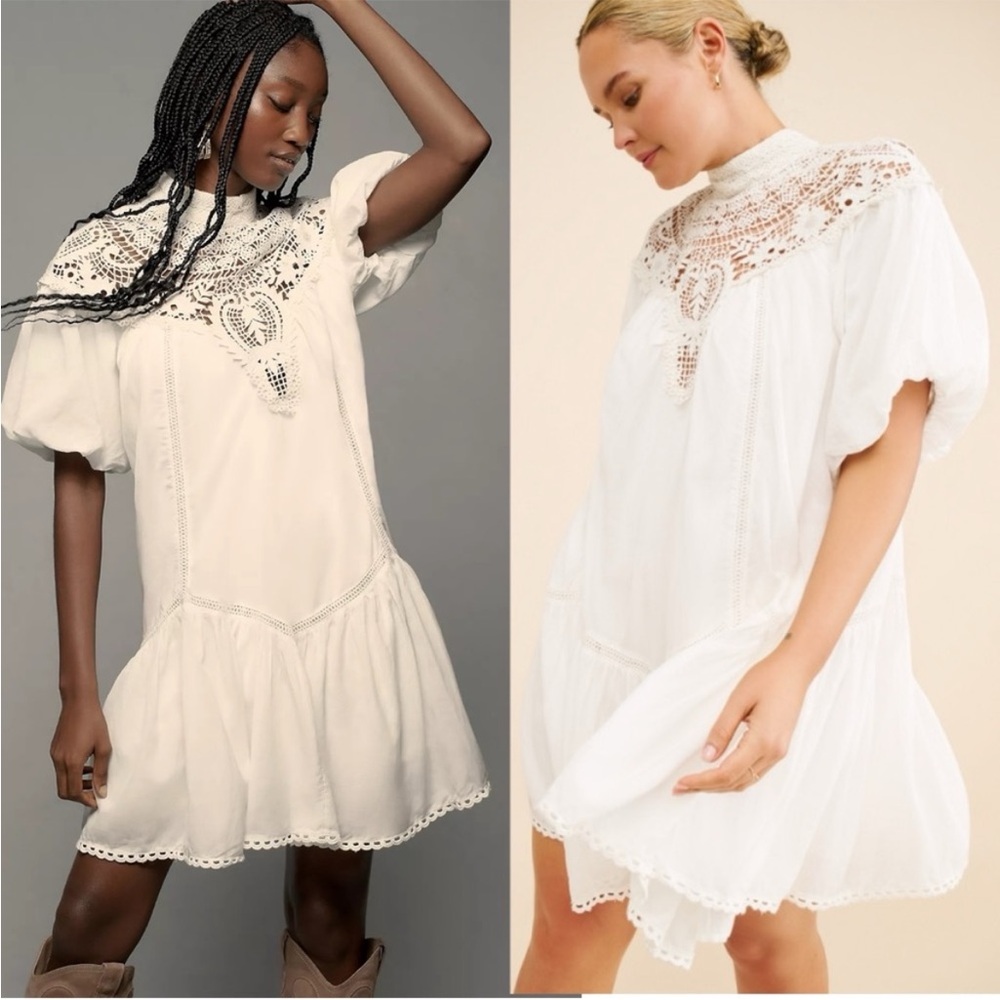 Anthropologie high neck lace tunic dress ivory size Medium petite new